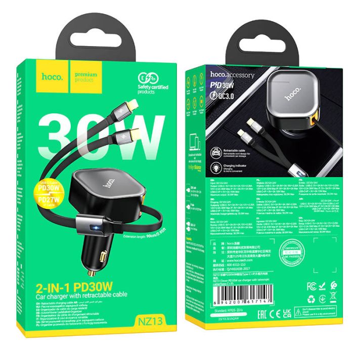 АЗП Hoco NZ13 Clever PD30W with telescopic cable Type-C to Lightning
